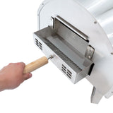 Stainless steel outdoor pizza oven with a wooden handle, showcasing a spacious opening and ventilation for optimal cooking