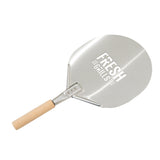 Stainless steel pizza peel with a wooden handle, featuring the engraved logo "FRESH GRILLS," ideal for outdoor pizza ovens