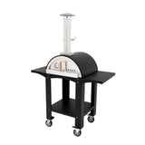 Extra large black free-standing pizza oven with a curved metal dome, prep stations, and wheels for easy mobility