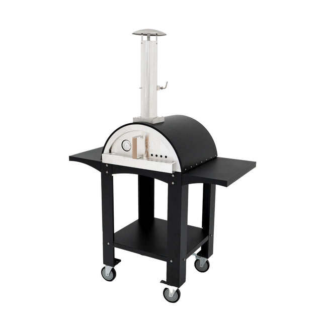 Extra large black free-standing pizza oven with a curved metal dome, prep stations, and wheels for easy mobility