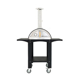 Extra large free-standing pizza oven with stainless steel dome, wooden handle, and black prep stations on sturdy wheels