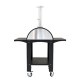 Extra large free-standing pizza oven with a sleek stainless steel dome, black prep stations, and convenient wheels for mobility