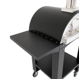 Extra large free-standing pizza oven with a sleek black finish, stainless steel details, and convenient prep station for outdoor cooking