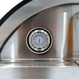Stainless steel pizza oven with a round temperature gauge, featuring a sleek design and a black curved top for modern outdoor cooking