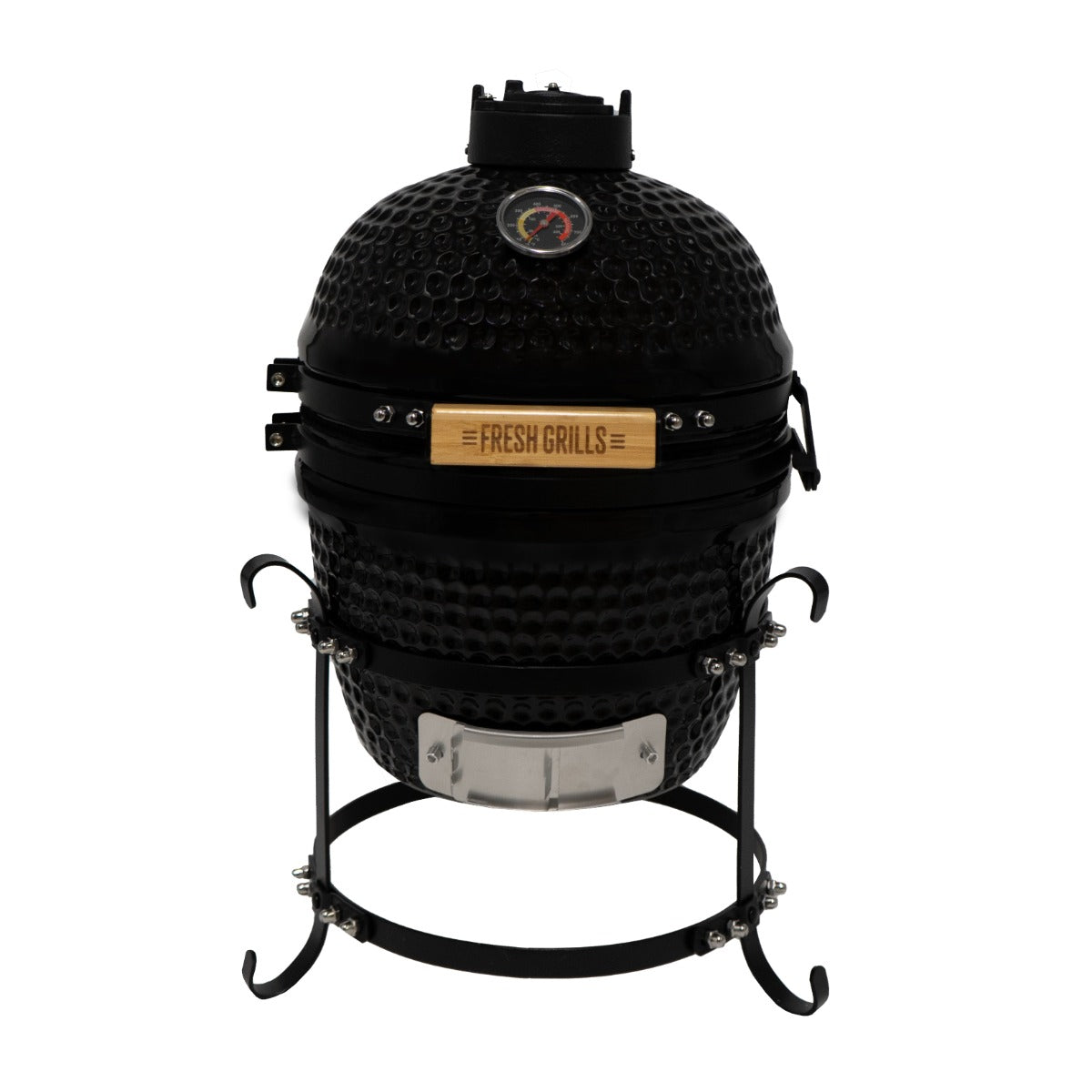 Black ceramic 13" Kamado BBQ oven with a textured surface, metal stand, and wooden handle, featuring a temperature gauge on top