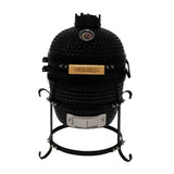 Black ceramic 13" Kamado BBQ oven with a textured surface, metal stand, and wooden handle, featuring a temperature gauge on top