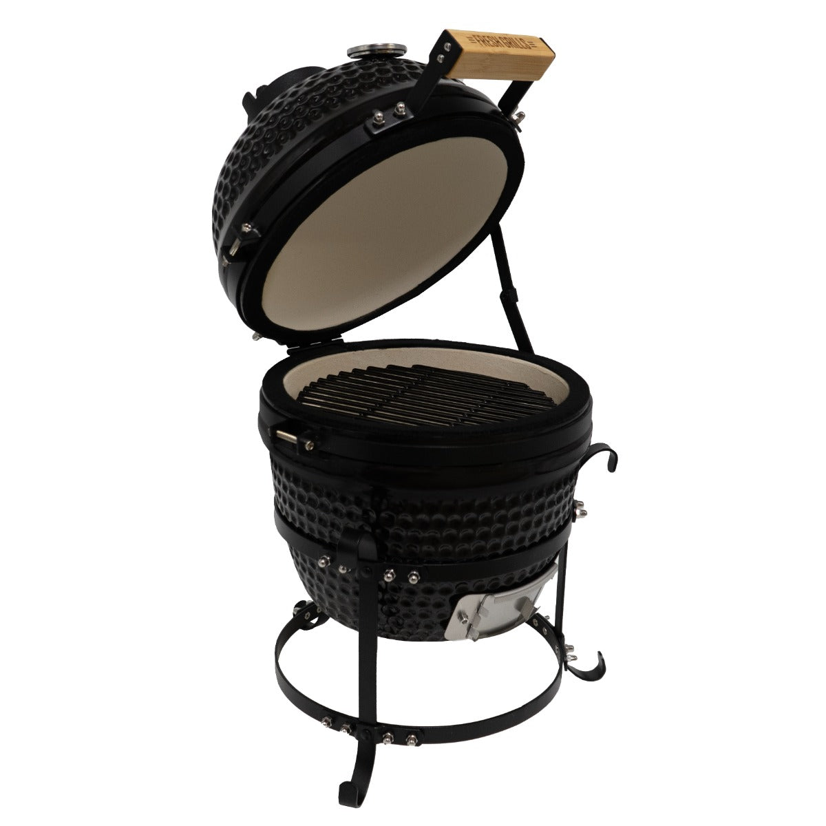 Black ceramic 13" Kamado BBQ oven with a domed lid, stainless steel grill grates, and sturdy metal stand, ideal for outdoor cooking