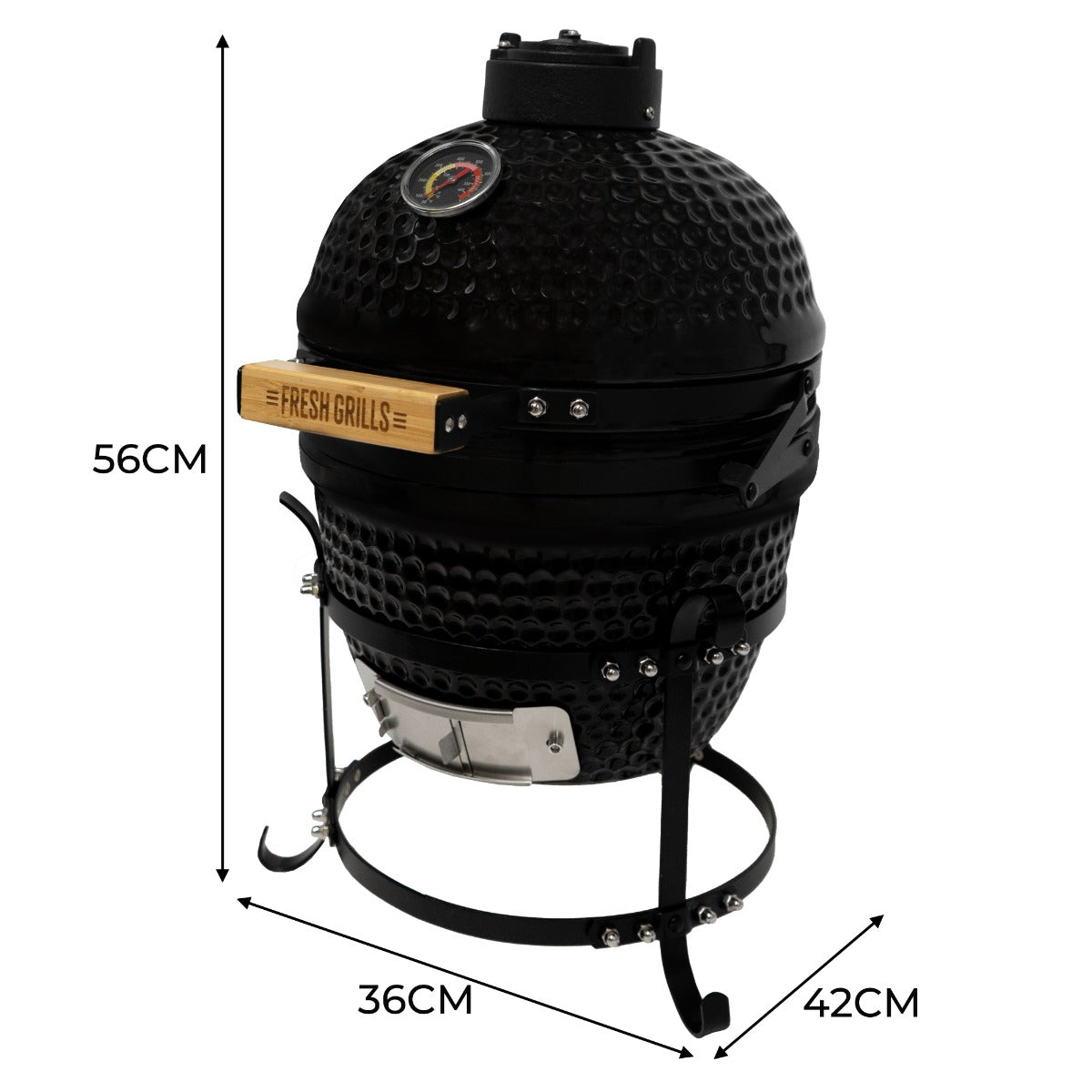 Black ceramic 13" Kamado BBQ oven with a textured surface, wooden handle, and built-in thermometer, standing on a sturdy metal frame