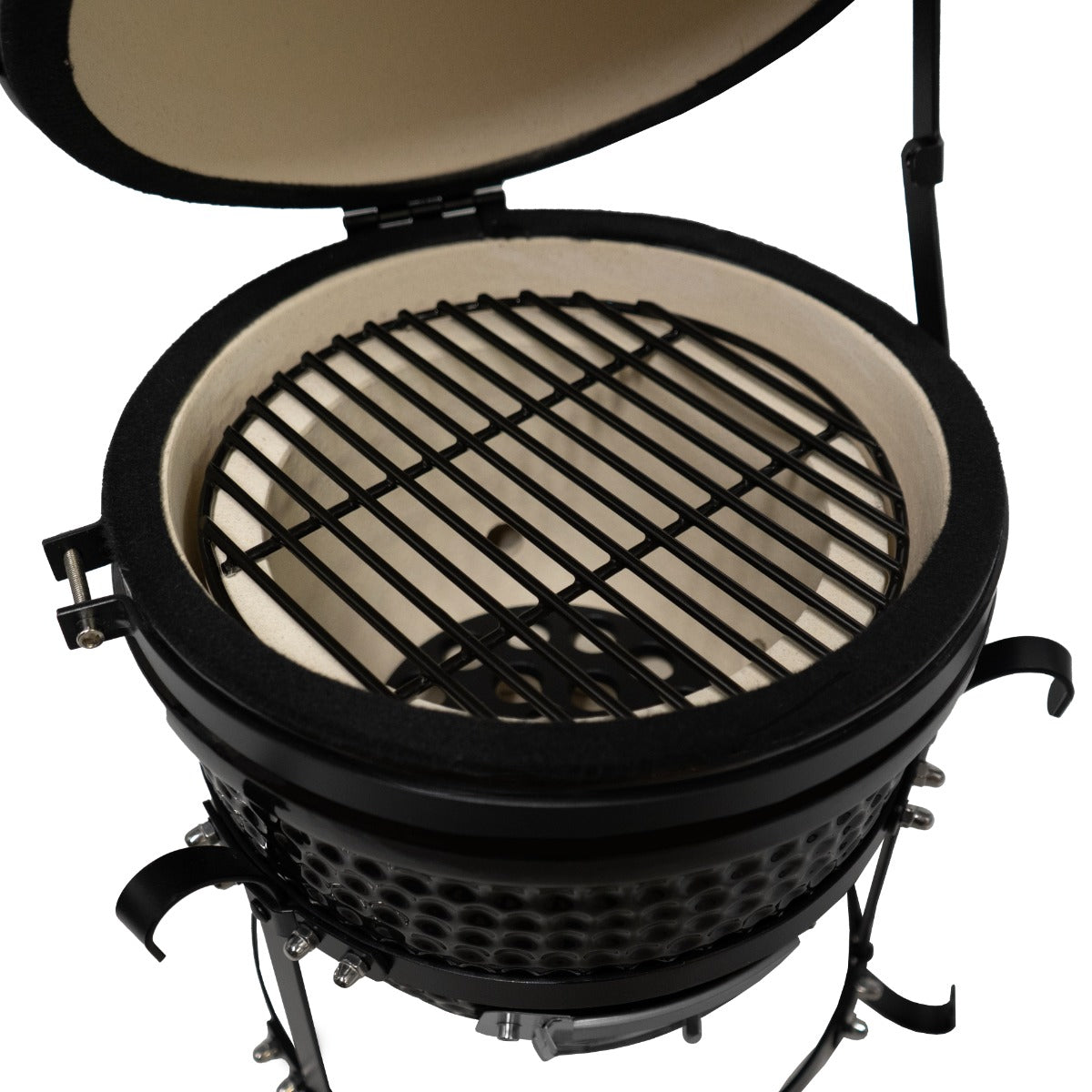 Black 13-inch Kamado BBQ oven with a ceramic interior, metal grill grate, and sturdy handle, designed for outdoor grilling and smoking