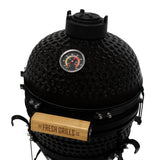 Black ceramic 13" Kamado BBQ oven with a textured surface, wooden handle, and built-in temperature gauge for grilling perfection