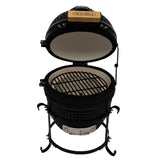 Black ceramic 13" Kamado BBQ oven with a wooden handle, open lid, and a metal stand, showcasing a grilling grate inside