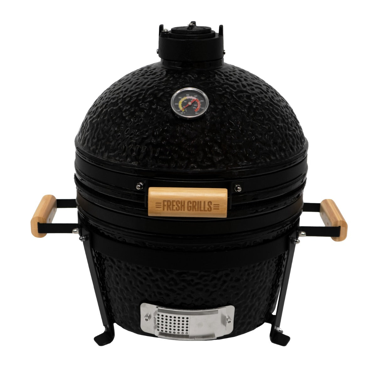 Black 16” Kamado BBQ oven with textured finish, wooden handles, and a temperature gauge, perfect for grilling and smoking food
