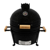 Black 16” Kamado BBQ oven with textured finish, wooden handles, and a temperature gauge, perfect for grilling and smoking food