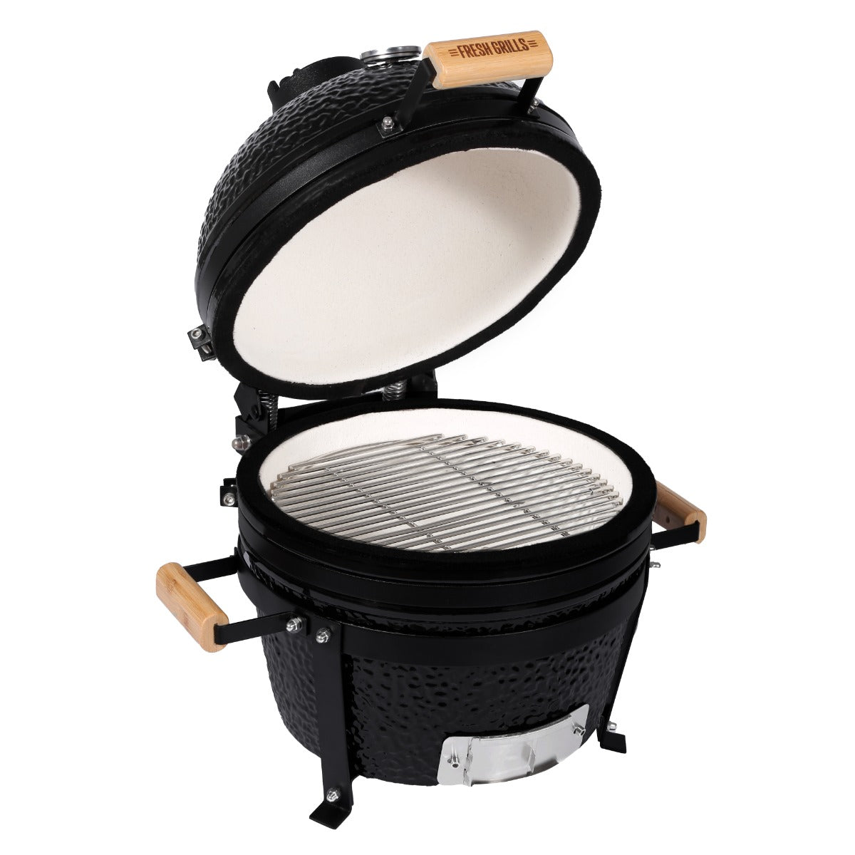 16-inch black ceramic Kamado BBQ oven with an open lid, featuring a stainless steel grill grate and wooden side handles