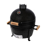 Black ceramic 16” Kamado BBQ oven with wooden handles, thermometer, and sturdy metal stand, perfect for grilling and smoking
