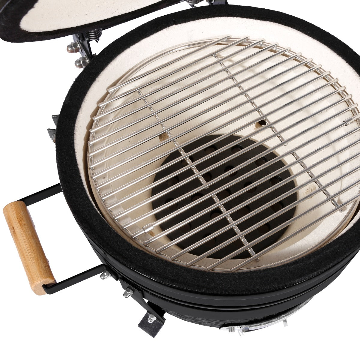 Black 16-inch Kamado BBQ oven with a stainless steel grill grate and ceramic interior, featuring a bamboo handle and round shape