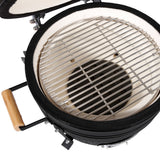Black 16-inch Kamado BBQ oven with a stainless steel grill grate and ceramic interior, featuring a bamboo handle and round shape