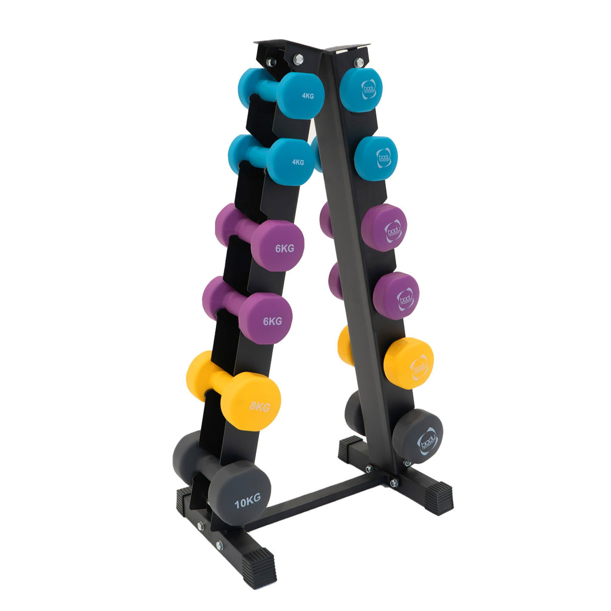Colorful neoprene dumbbells in a sturdy rack, featuring weights labeled 4kg, 6kg, 8kg, and 10kg for versatile workouts