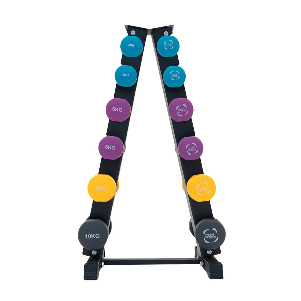 Colorful neoprene dumbbells in various weights, neatly arranged on a sturdy black rack, showcasing vibrant purple, yellow, and gray colors