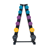 Colorful neoprene dumbbells in various weights, neatly arranged on a sturdy black rack, showcasing vibrant purple, yellow, and gray colors