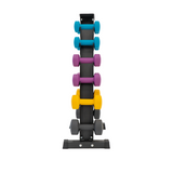 Colorful neoprene dumbbells in a vertical rack, featuring shades of blue, purple, yellow, and gray for versatile workouts