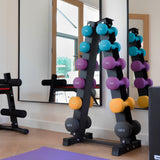 Colorful neoprene dumbbells in a sleek black rack, showcasing weights from 6kg to 10kg, set against a modern gym backdrop
