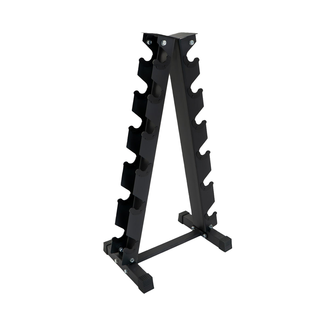 Black metal dumbbell rack with multiple slots for organizing neoprene dumbbells, featuring a sturdy A-frame design and rubber feet for stability