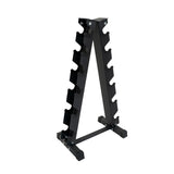Black metal dumbbell rack with multiple slots for organizing neoprene dumbbells, featuring a sturdy A-frame design and rubber feet for stability