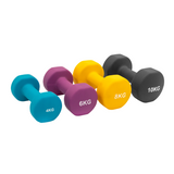 Colorful neoprene dumbbells in varying weights of 4kg, 6kg, 8kg, and 10kg, with a sturdy rack for organized storage