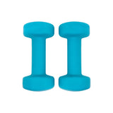 Bright turquoise neoprene dumbbells with a smooth texture, designed for comfortable grip and effective workouts, ideal for home fitness