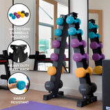 Colorful neoprene dumbbells ranging from 4kg to 10kg on a sturdy black steel rack, sweat-resistant for effective workouts