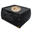 Compact black mini tandoor oven with a flat cooking surface, showcasing a perfectly cooked naan bread on top