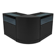 Sleek black Iris LED shop counter set featuring a modern design with glass display tops and rounded edges, ideal for retail spaces