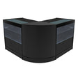 Sleek black LED shop counter set featuring a modern design with curved edges and glass display shelves for showcasing products