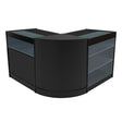 Sleek black Triton LED shop counter set featuring curved design, glass shelves, and modern finishes, ideal for retail displays