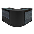 Sleek black Hera LED shop counter set featuring curved design, glass display shelves, and modern finish for retail environments