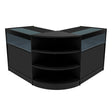 Stylish black LED shop counter set featuring a sleek curved design, glass display tops, and spacious shelves for organized storage