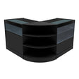 Sleek black Harmonia LED shop counter set featuring curved design, glass display tops, and multiple shelves for organized storage