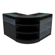 Black Demeter LED shop counter set featuring curved design, glass shelves, and sleek finish, ideal for retail displays