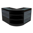 Black Calliope LED shop counter set featuring sleek glass display shelves and a modern curved design, ideal for retail spaces