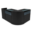 Sleek black Luna LED shop counter set featuring curved edges, glass display tops, and ample storage space for retail items