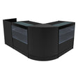Sleek black Phoenix LED shop counter set featuring curved glass display sections and modern design, ideal for retail environments