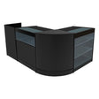 Polaris LED shop counter set in sleek black, featuring curved edges, glass shelves, and modern design for retail displays
