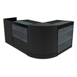 Sleek black Vega LED shop counter set featuring curved design, glass display shelves, and modern finishes for retail spaces