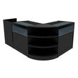Sleek black Sagittarius LED shop counter set featuring curved and straight sections, glass display tops, and open shelving for storage