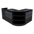 Sleek black Eclipse LED shop counter set featuring curved glass displays, open shelving, and modern design for retail spaces