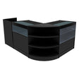 Sleek black Europa LED shop counter set featuring curved and straight designs, glass shelves, and modern finishes for retail displays