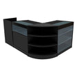 Stylish black Hyperion LED shop counter set featuring curved and straight sections, glass shelves, and a sleek modern design