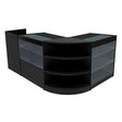 Sleek black LED shop counter set featuring curved design, glass shelves, and modern finish, ideal for retail displays and promotions