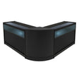 Sleek black Iris LED shop counter set featuring two B1200 display units with glass tops and integrated lighting for modern retail spaces